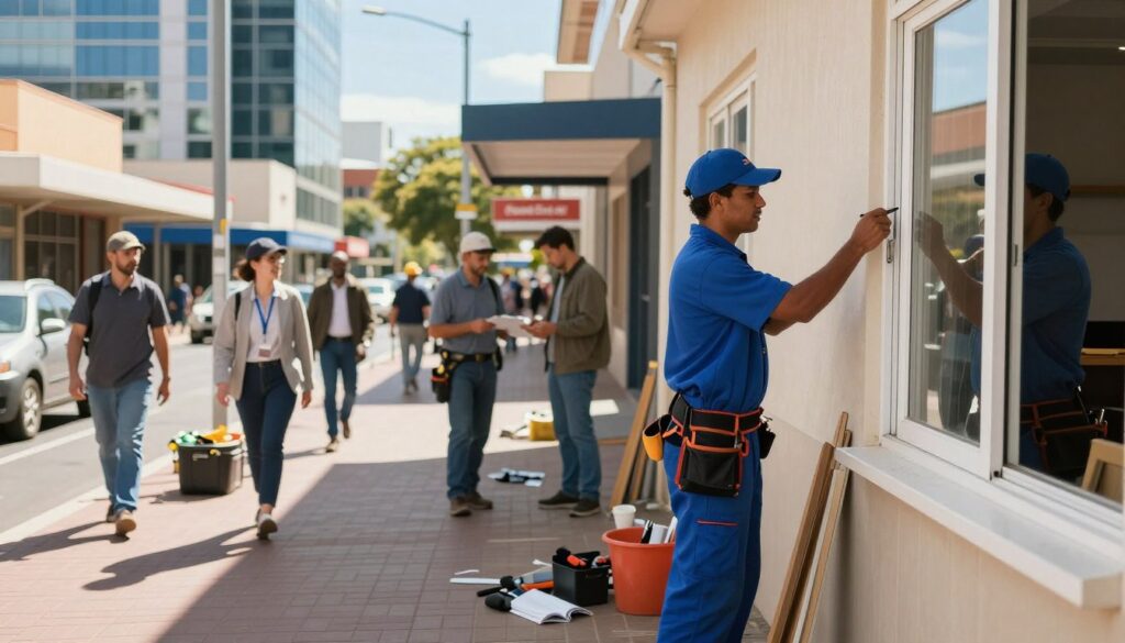 A bustling street scene near Randburg City Centre, showcasing a range of handyman services in action. In the foreground, a professional handyman in a blue uniform and tool belt is efficiently repairing a window, surrounded by tools and materials. The middle ground features a colorful service van emblazoned with handyman logos parked beside a small crowd of customers interacting with other handymen offering various services like plumbing and electrical work. The background highlights the modern architecture of Randburg City Centre under a clear blue sky, with sunlight casting inviting shadows on the pavement. The atmosphere is lively and productive, conveying a sense of community and readiness for repair services. The image should be sharp, with vibrant colors and balanced lighting, depicting a warm, professional mood. A bustling street scene near Randburg City Centre, showcasing a range of handyman services in action. In the foreground, a professional handyman in a blue uniform and tool belt is efficiently repairing a window, surrounded by tools and materials. The middle ground features a colorful service van emblazoned with handyman logos parked beside a small crowd of customers interacting with other handymen offering various services like plumbing and electrical work. The background highlights the modern architecture of Randburg City Centre under a clear blue sky, with sunlight casting inviting shadows on the pavement. The atmosphere is lively and productive, conveying a sense of community and readiness for repair services. The image should be sharp, with vibrant colors and balanced lighting, depicting a warm, professional mood.