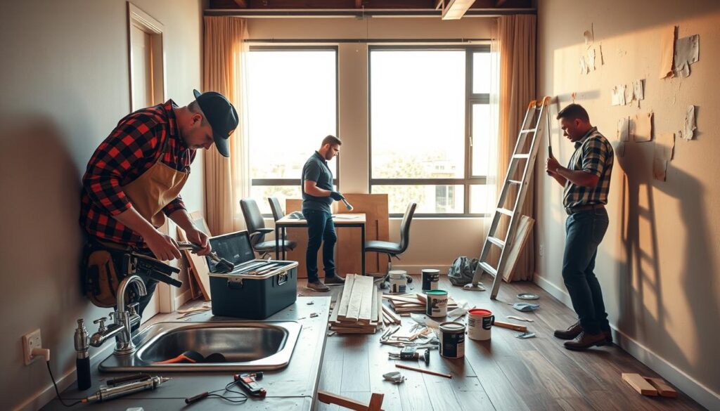 A busy apartment repair scene in Rosebank, Johannesburg, showcasing a team of two handymen in professional attire working diligently. In the foreground, one handyman is fixing a leaky sink, equipped with tools and a toolbox, while the other is painting a wall with a roller, surrounded by newly painted patches. The middle ground features scattered repair materials like wood planks, paint cans, and a ladder, hinting at ongoing renovations. In the background, a modernistic apartment interior with large windows allowing warm natural light to flood in, illuminating the job site. The overall atmosphere is industrious yet welcoming, emphasizing a sense of professionalism and community service in home repairs. The angle is slightly elevated, giving a clear view of the teamwork and the apartment's interior. A busy apartment repair scene in Rosebank, Johannesburg, showcasing a team of two handymen in professional attire working diligently. In the foreground, one handyman is fixing a leaky sink, equipped with tools and a toolbox, while the other is painting a wall with a roller, surrounded by newly painted patches. The middle ground features scattered repair materials like wood planks, paint cans, and a ladder, hinting at ongoing renovations. In the background, a modernistic apartment interior with large windows allowing warm natural light to flood in, illuminating the job site. The overall atmosphere is industrious yet welcoming, emphasizing a sense of professionalism and community service in home repairs. The angle is slightly elevated, giving a clear view of the teamwork and the apartment's interior.