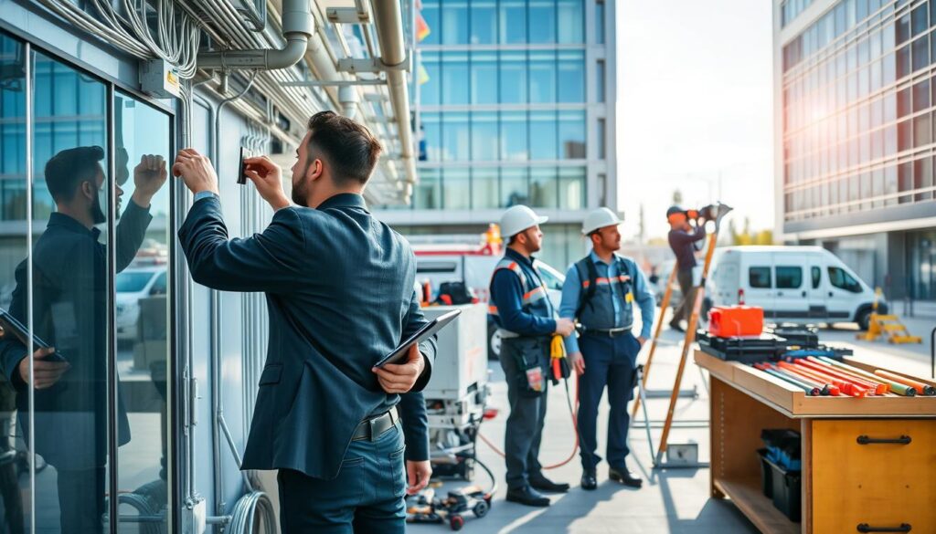 A busy commercial maintenance scene featuring a diverse team of professional maintenance workers engaged in various tasks at a modern office and retail complex. In the foreground, a technician inspects electrical systems, dressed in smart business attire, while another staff member cleans windows using modern equipment. The middle ground showcases a light industrial area, with maintenance vehicles parked, tools organized on a workbench, and safety equipment visible. The background reveals the sleek exterior of the building, with glass facades reflecting a clear blue sky. Soft, natural lighting creates an inviting atmosphere, capturing the essence of professionalism and efficiency. The image should portray a sense of teamwork and diligence, emphasizing the importance of maintenance in commercial property environments. A busy commercial maintenance scene featuring a diverse team of professional maintenance workers engaged in various tasks at a modern office and retail complex. In the foreground, a technician inspects electrical systems, dressed in smart business attire, while another staff member cleans windows using modern equipment. The middle ground showcases a light industrial area, with maintenance vehicles parked, tools organized on a workbench, and safety equipment visible. The background reveals the sleek exterior of the building, with glass facades reflecting a clear blue sky. Soft, natural lighting creates an inviting atmosphere, capturing the essence of professionalism and efficiency. The image should portray a sense of teamwork and diligence, emphasizing the importance of maintenance in commercial property environments.