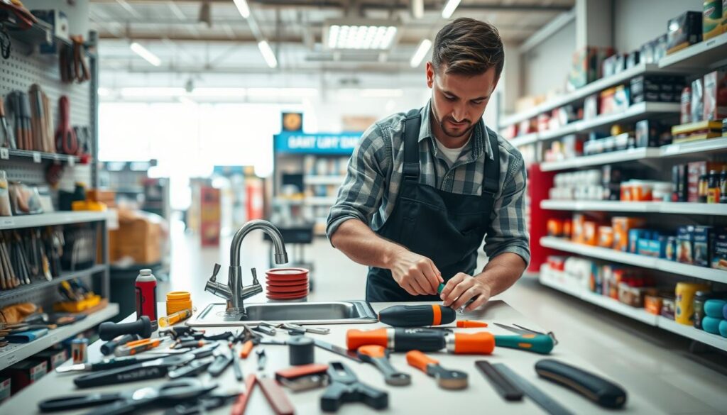 A busy commercial maintenance scene in Brakpan, featuring a professional handyman in smart casual attire, actively repairing a retail store’s interior. In the foreground, he is working on fixing a leaky sink with assorted tools spread out on a clean workbench. The middle ground includes shelves of hardware and maintenance tools, showcasing the essence of handyman services. In the background, a brightly lit retail environment is visible, with products neatly arranged on shelves, conveying a sense of professionalism and order. The lighting is bright and inviting, enhancing the atmosphere of diligence and efficiency. The perspective is slightly angled from above, allowing a clear view of both the handyman’s work and the retail space, creating a dynamic, engaging image that reflects commercial maintenance services. A busy commercial maintenance scene in Brakpan, featuring a professional handyman in smart casual attire, actively repairing a retail store’s interior. In the foreground, he is working on fixing a leaky sink with assorted tools spread out on a clean workbench. The middle ground includes shelves of hardware and maintenance tools, showcasing the essence of handyman services. In the background, a brightly lit retail environment is visible, with products neatly arranged on shelves, conveying a sense of professionalism and order. The lighting is bright and inviting, enhancing the atmosphere of diligence and efficiency. The perspective is slightly angled from above, allowing a clear view of both the handyman’s work and the retail space, creating a dynamic, engaging image that reflects commercial maintenance services.