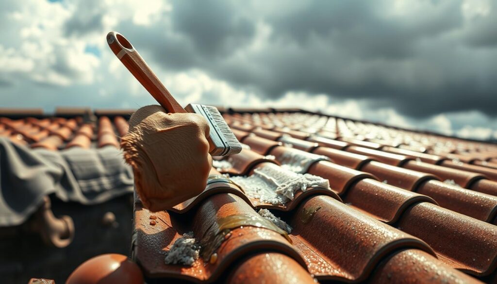 A busy handyman diligently applying waterproofing sealant to a rooftop in the West Rand region, showcasing the application process. In the foreground, close-up of the handyman’s hands skillfully using a paintbrush with a thick layer of sealant. The middle ground features a partially completed roof, with shiny areas of freshly applied waterproofing material reflecting the sunlight. In the background, a cloudy sky suggests the impending weather challenges that require such work, enhancing the urgency of the task. The scene is brightly lit, capturing the warm hues of daylight, with a slight angle that highlights the texture of the roof tiles. The mood is industrious and focused, emphasizing the importance of waterproofing in home maintenance. A busy handyman diligently applying waterproofing sealant to a rooftop in the West Rand region, showcasing the application process. In the foreground, close-up of the handyman’s hands skillfully using a paintbrush with a thick layer of sealant. The middle ground features a partially completed roof, with shiny areas of freshly applied waterproofing material reflecting the sunlight. In the background, a cloudy sky suggests the impending weather challenges that require such work, enhancing the urgency of the task. The scene is brightly lit, capturing the warm hues of daylight, with a slight angle that highlights the texture of the roof tiles. The mood is industrious and focused, emphasizing the importance of waterproofing in home maintenance.