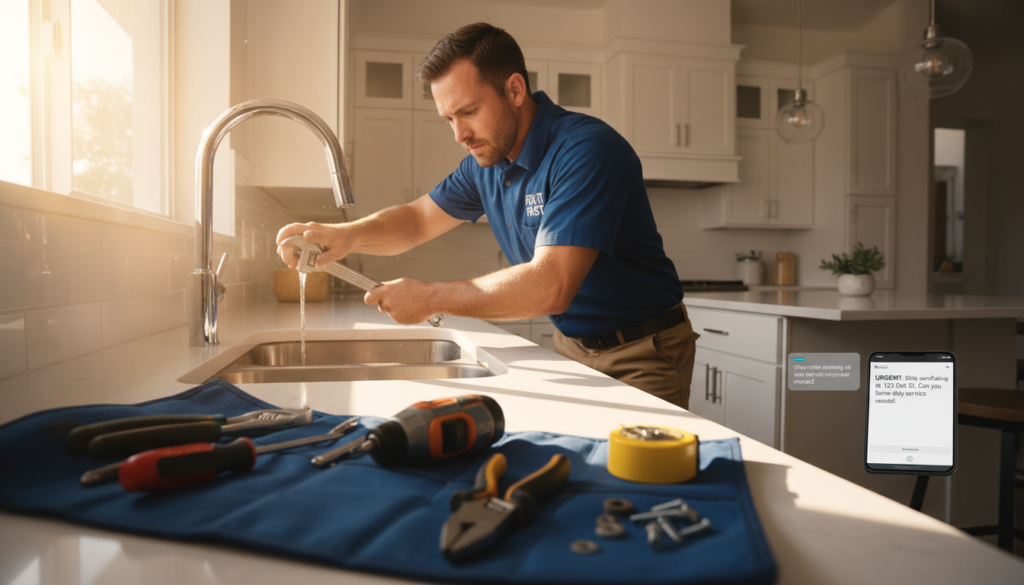 A busy handyman in professional attire, energetically repairing a broken faucet in a modern kitchen. The foreground features tools scattered around—a wrench, a screwdriver, and a handheld drill, emphasizing productivity. In the middle, natural sunlight streams through a window, illuminating the handyman's focused expression and showcasing the sleek kitchen environment. In the background, a smartphone on a nearby counter displays a text message notification about an urgent repair request, representing fast response times. The scene conveys an atmosphere of efficiency and professionalism, capturing the urgency of same-day small jobs. Use a wide-angle lens for clarity and depth, ensuring vibrant colors and soft shadows to enhance the warm and dynamic feel of the image. A busy handyman in professional attire, energetically repairing a broken faucet in a modern kitchen. The foreground features tools scattered around—a wrench, a screwdriver, and a handheld drill, emphasizing productivity. In the middle, natural sunlight streams through a window, illuminating the handyman's focused expression and showcasing the sleek kitchen environment. In the background, a smartphone on a nearby counter displays a text message notification about an urgent repair request, representing fast response times. The scene conveys an atmosphere of efficiency and professionalism, capturing the urgency of same-day small jobs. Use a wide-angle lens for clarity and depth, ensuring vibrant colors and soft shadows to enhance the warm and dynamic feel of the image.