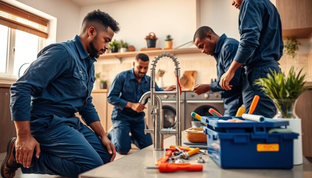 A busy handyman repair team working in Vereeniging, Gauteng, focused on home maintenance and repairs. In the foreground, a diverse group of three professional handymen, dressed in smart blue work overalls, diligently fixing a leaky faucet in a modern kitchen setting. One is kneeling on the floor, while another stands by holding tools. In the middle ground, an array of well-organized tools and materials like screwdrivers, wrenches, and a toolbox are visible on a counter. The background features a bright, inviting kitchen with warm, natural lighting coming from a nearby window, casting soft shadows. The atmosphere conveys professionalism and teamwork, reflecting a sense of reliability and local expertise. The image is captured with a slightly elevated angle to include the kitchen’s charming decor. A busy handyman repair team working in Vereeniging, Gauteng, focused on home maintenance and repairs. In the foreground, a diverse group of three professional handymen, dressed in smart blue work overalls, diligently fixing a leaky faucet in a modern kitchen setting. One is kneeling on the floor, while another stands by holding tools. In the middle ground, an array of well-organized tools and materials like screwdrivers, wrenches, and a toolbox are visible on a counter. The background features a bright, inviting kitchen with warm, natural lighting coming from a nearby window, casting soft shadows. The atmosphere conveys professionalism and teamwork, reflecting a sense of reliability and local expertise. The image is captured with a slightly elevated angle to include the kitchen’s charming decor.