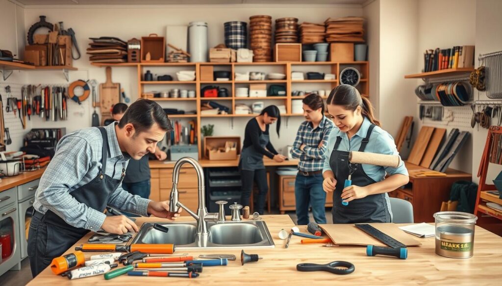 A busy handyman workshop scene, featuring a diverse team of professionals in modest casual clothing, actively engaged in various tasks. In the foreground, a male handyman is carefully repairing a kitchen sink with tools spread around him, while a female handyman is painting a wall with a roller. In the middle ground, shelves are lined with tools, hardware, and supplies, showcasing a well-organized workspace. The background shows a van marked with "Handyman Springs Mobile Repair Unit," parked outside, with tools visible through open doors. Soft, natural lighting fills the room, creating a warm, inviting atmosphere. A slightly elevated angle captures the full depth of the workshop, emphasizing productivity and teamwork. A busy handyman workshop scene, featuring a diverse team of professionals in modest casual clothing, actively engaged in various tasks. In the foreground, a male handyman is carefully repairing a kitchen sink with tools spread around him, while a female handyman is painting a wall with a roller. In the middle ground, shelves are lined with tools, hardware, and supplies, showcasing a well-organized workspace. The background shows a van marked with "Handyman Springs Mobile Repair Unit," parked outside, with tools visible through open doors. Soft, natural lighting fills the room, creating a warm, inviting atmosphere. A slightly elevated angle captures the full depth of the workshop, emphasizing productivity and teamwork.