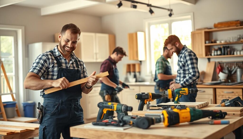 A busy handyman workshop scene indoors, showcasing technicians in professional attire engaged in various property repairs and installations. In the foreground, a smiling handyman measures wood while another inspects plumbing supplies. The middle ground features tools neatly organized on a workbench, with power tools like a drill and saw prominently displayed. In the background, a partially renovated kitchen with fresh cabinets and paint suggests ongoing improvements. Soft, natural lighting filters through a nearby window, casting a warm glow on the workspace. The overall atmosphere is industrious yet welcoming, emphasizing skill and professionalism in residential maintenance services. The image should capture a sense of teamwork and expertise without distractions, focusing solely on the craftsmanship involved in property repairs. A busy handyman workshop scene indoors, showcasing technicians in professional attire engaged in various property repairs and installations. In the foreground, a smiling handyman measures wood while another inspects plumbing supplies. The middle ground features tools neatly organized on a workbench, with power tools like a drill and saw prominently displayed. In the background, a partially renovated kitchen with fresh cabinets and paint suggests ongoing improvements. Soft, natural lighting filters through a nearby window, casting a warm glow on the workspace. The overall atmosphere is industrious yet welcoming, emphasizing skill and professionalism in residential maintenance services. The image should capture a sense of teamwork and expertise without distractions, focusing solely on the craftsmanship involved in property repairs.
