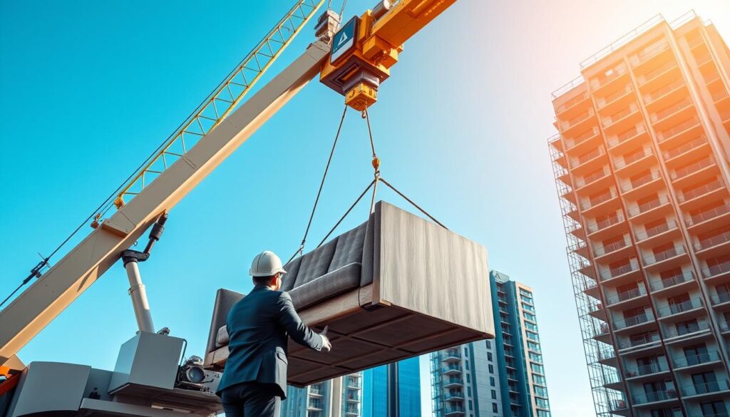 A busy urban construction site in Pretoria showcasing a large crane safely hoisting heavy furniture, such as a sofa and cabinets, into a high-rise building. In the foreground, a team of two professionals in smart business attire operates the crane with careful precision, focusing on their task. The middle ground features the crane extending its arm upwards, with the furniture suspended in mid-air, highlighting the importance of safety in heavy lifting. The background displays a clear blue sky and a modern building under construction, emphasizing the bustling environment. Soft natural lighting illuminates the scene, creating a sense of professionalism and urgency, while maintaining a clear view of the heavy lifting process. A busy urban construction site in Pretoria showcasing a large crane safely hoisting heavy furniture, such as a sofa and cabinets, into a high-rise building. In the foreground, a team of two professionals in smart business attire operates the crane with careful precision, focusing on their task. The middle ground features the crane extending its arm upwards, with the furniture suspended in mid-air, highlighting the importance of safety in heavy lifting. The background displays a clear blue sky and a modern building under construction, emphasizing the bustling environment. Soft natural lighting illuminates the scene, creating a sense of professionalism and urgency, while maintaining a clear view of the heavy lifting process.