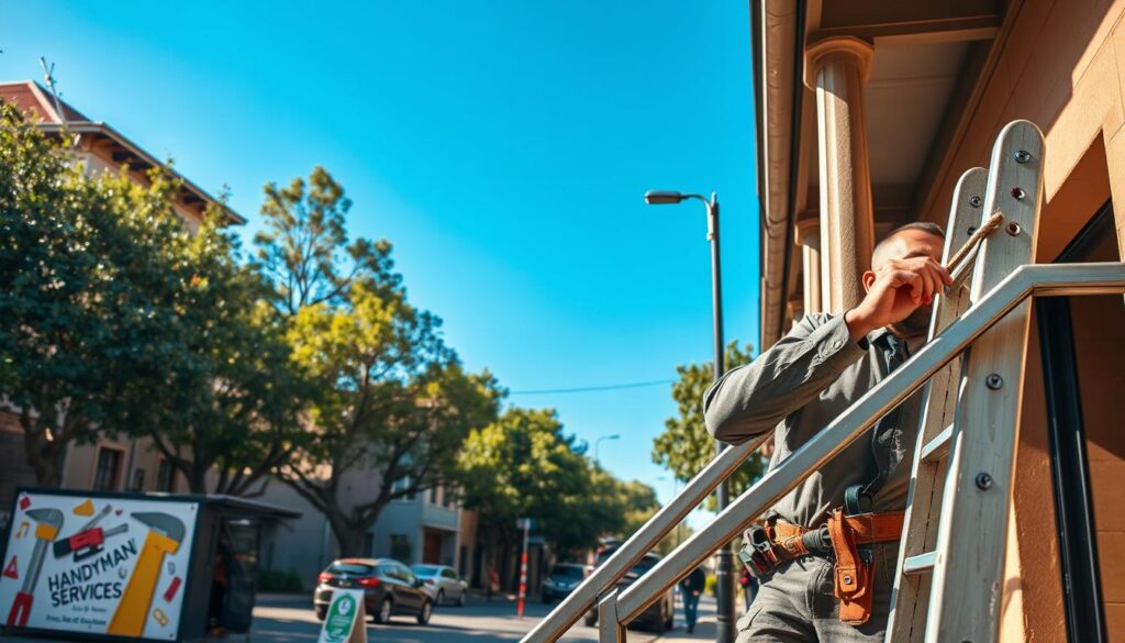 A busy urban scene in Randburg featuring a professional handyman at work. In the foreground, a male handyman dressed in smart, modest work attire is fixing a porch railing on a residential home. In the middle ground, there is a small commercial building with a 'Handyman Services' sign, showcasing tools like a toolbox and ladder. The background includes typical Randburg architecture with trees lining the street under a bright blue sky. The image is well-lit with warm sunlight, creating a welcoming atmosphere. Use a slightly elevated angle to capture both the handyman's focused expression and the bustling environment around him, emphasizing the community aspect of handyman services. A busy urban scene in Randburg featuring a professional handyman at work. In the foreground, a male handyman dressed in smart, modest work attire is fixing a porch railing on a residential home. In the middle ground, there is a small commercial building with a 'Handyman Services' sign, showcasing tools like a toolbox and ladder. The background includes typical Randburg architecture with trees lining the street under a bright blue sky. The image is well-lit with warm sunlight, creating a welcoming atmosphere. Use a slightly elevated angle to capture both the handyman's focused expression and the bustling environment around him, emphasizing the community aspect of handyman services.