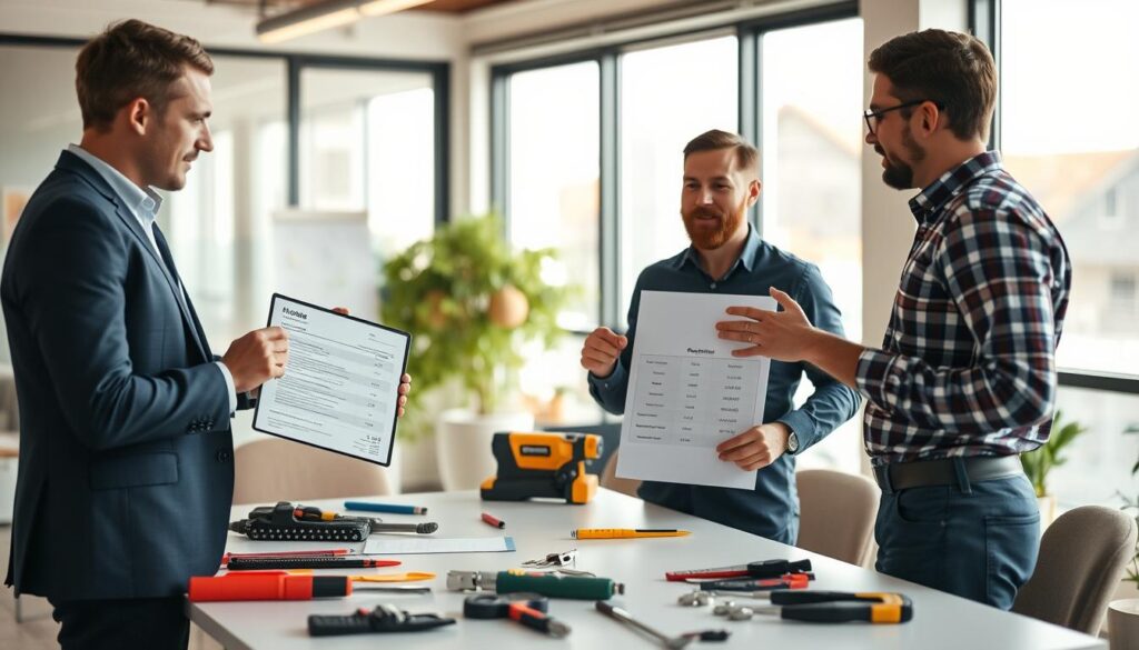 A calm office space featuring a professional handyman team conducting a transparent pricing consultation. In the foreground, two team members in smart business attire, one reviewing a detailed quote on a tablet, the other explaining various payment options while gesturing towards a clear and neatly displayed pricing chart. The middle ground contains a clean desk with tools and repair materials organized, emphasizing professionalism. The background showcases a modern office environment with large windows letting in warm, natural light, creating an inviting atmosphere. Use a soft focus to highlight the team's interaction, capturing a sense of trust and clarity regarding pricing. Employ a wide-angle lens to encompass the entire scene in a bright, welcoming environment. A calm office space featuring a professional handyman team conducting a transparent pricing consultation. In the foreground, two team members in smart business attire, one reviewing a detailed quote on a tablet, the other explaining various payment options while gesturing towards a clear and neatly displayed pricing chart. The middle ground contains a clean desk with tools and repair materials organized, emphasizing professionalism. The background showcases a modern office environment with large windows letting in warm, natural light, creating an inviting atmosphere. Use a soft focus to highlight the team's interaction, capturing a sense of trust and clarity regarding pricing. Employ a wide-angle lens to encompass the entire scene in a bright, welcoming environment.