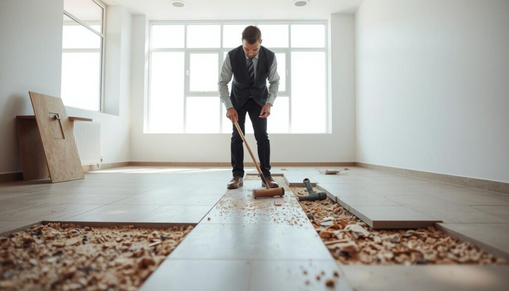 A clean, modern interior space undergoing flooring uplift in Pretoria. In the foreground, a professional worker in a neat business attire carefully removes old flooring with tools like a pry bar and hammer, demonstrating focus and skill. The middle section showcases half-removed tiles revealing the subfloor, with scattered debris and dust, indicating active work. The background features light streaming in through large windows, illuminating the room and casting gentle shadows. The atmosphere is industrious yet organized, reflecting a fast and clean service. The overall composition should evoke a sense of progress and professionalism, with a subtle color palette of earthy tones and soft whites. No text or distractions should be present in the image. A clean, modern interior space undergoing flooring uplift in Pretoria. In the foreground, a professional worker in a neat business attire carefully removes old flooring with tools like a pry bar and hammer, demonstrating focus and skill. The middle section showcases half-removed tiles revealing the subfloor, with scattered debris and dust, indicating active work. The background features light streaming in through large windows, illuminating the room and casting gentle shadows. The atmosphere is industrious yet organized, reflecting a fast and clean service. The overall composition should evoke a sense of progress and professionalism, with a subtle color palette of earthy tones and soft whites. No text or distractions should be present in the image.