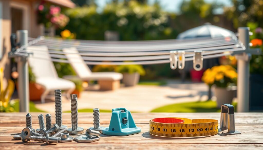 A clean, organized workspace featuring various installation accessories for foldable and portable washing lines. In the foreground, show a toolkit with essential items such as screws, anchors, adjustable brackets, and measuring tape neatly arranged. In the middle ground, include a partially assembled washing line, showcasing its foldable features and accessories like tensioners and pulleys. The background should feature a sunny outdoor setting, perhaps a garden or patio space, with a fresh, vibrant atmosphere. Use warm lighting that enhances the colors and details of the accessories, and a shallow depth of field to draw focus to the installation items, creating an inviting and practical feel. A clean, organized workspace featuring various installation accessories for foldable and portable washing lines. In the foreground, show a toolkit with essential items such as screws, anchors, adjustable brackets, and measuring tape neatly arranged. In the middle ground, include a partially assembled washing line, showcasing its foldable features and accessories like tensioners and pulleys. The background should feature a sunny outdoor setting, perhaps a garden or patio space, with a fresh, vibrant atmosphere. Use warm lighting that enhances the colors and details of the accessories, and a shallow depth of field to draw focus to the installation items, creating an inviting and practical feel.