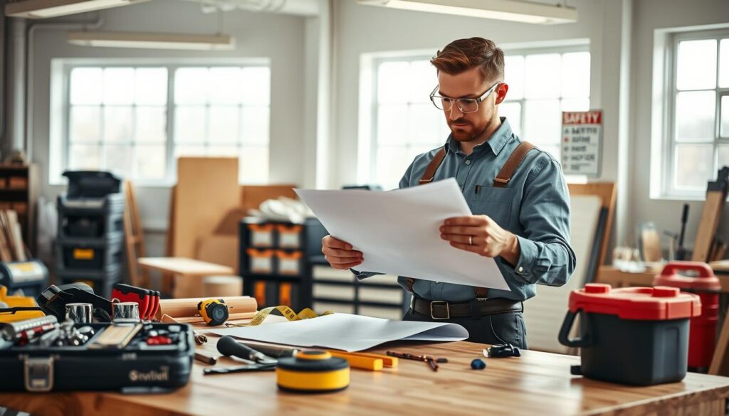 A clean, well-lit workspace featuring a skilled handyman in professional attire, surrounded by high-quality tools and equipment that suggest safety and transparency in service. In the foreground, a sturdy workbench is adorned with a variety of tools, including a toolkit, measuring tape, and safety goggles. The middle section displays the handyman meticulously examining a blueprint, showcasing attention to detail with a focus on quality craftsmanship. In the background, a well-organized storage area with neatly arranged materials and safety signs emphasizes safety compliance. The workspace is illuminated with soft, natural light coming from large windows, creating a warm and inviting atmosphere, fitting for a professional service team. The angle captures the handyman deeply engaged in his work, reflecting pride in quality and transparent pricing. A clean, well-lit workspace featuring a skilled handyman in professional attire, surrounded by high-quality tools and equipment that suggest safety and transparency in service. In the foreground, a sturdy workbench is adorned with a variety of tools, including a toolkit, measuring tape, and safety goggles. The middle section displays the handyman meticulously examining a blueprint, showcasing attention to detail with a focus on quality craftsmanship. In the background, a well-organized storage area with neatly arranged materials and safety signs emphasizes safety compliance. The workspace is illuminated with soft, natural light coming from large windows, creating a warm and inviting atmosphere, fitting for a professional service team. The angle captures the handyman deeply engaged in his work, reflecting pride in quality and transparent pricing.