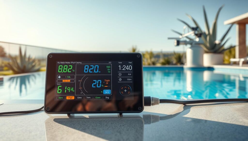A clear, detailed image showcasing water chemistry in a modern pool setting. In the foreground, display a stylish digital pool monitoring system with colorful screens highlighting pH levels, chlorine concentration, and temperature. In the middle ground, illustrate a pristine swimming pool, with crystal-clear water reflecting sunlight. Add a sleek automated pool filter system beside the pool, glistening under natural light. In the background, depict a sunny Pretoria landscape with Aloe trees and a blue sky. The overall mood should be serene and professional, emphasizing the importance of water chemistry for pool health. Use bright, natural lighting with a focus on clarity and precision. Ensure a wide-angle view to encapsulate the entire scene effectively. A clear, detailed image showcasing water chemistry in a modern pool setting. In the foreground, display a stylish digital pool monitoring system with colorful screens highlighting pH levels, chlorine concentration, and temperature. In the middle ground, illustrate a pristine swimming pool, with crystal-clear water reflecting sunlight. Add a sleek automated pool filter system beside the pool, glistening under natural light. In the background, depict a sunny Pretoria landscape with Aloe trees and a blue sky. The overall mood should be serene and professional, emphasizing the importance of water chemistry for pool health. Use bright, natural lighting with a focus on clarity and precision. Ensure a wide-angle view to encapsulate the entire scene effectively.