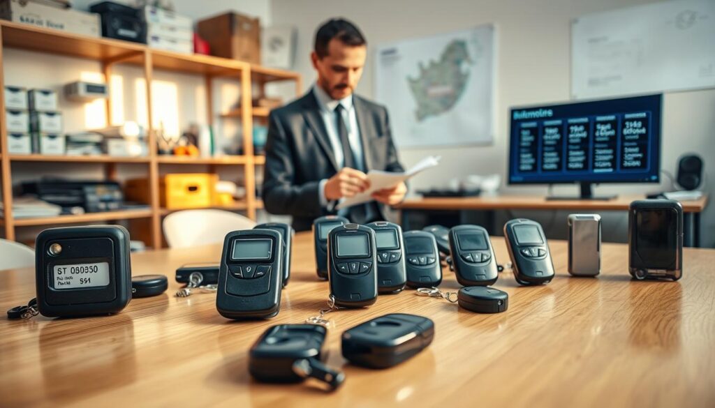 A clear, professional setting depicting a demonstration of various garage door remotes and receivers on a polished wooden table in Pretoria, South Africa. Foreground: a close-up of several remote devices, some displaying price tags. Middle ground: a business professional in smart casual attire, examining the devices and taking notes. Background: a softly lit office with shelves containing garage door supplies, a map of South Africa on the wall highlighting regions of service, and a computer displaying a pricing chart. Warm, natural lighting filters from a large window, creating a welcoming atmosphere. The focus should be on the comparison of the remotes, capturing the essence of pricing and availability in the local market, without any text or branding. A clear, professional setting depicting a demonstration of various garage door remotes and receivers on a polished wooden table in Pretoria, South Africa. Foreground: a close-up of several remote devices, some displaying price tags. Middle ground: a business professional in smart casual attire, examining the devices and taking notes. Background: a softly lit office with shelves containing garage door supplies, a map of South Africa on the wall highlighting regions of service, and a computer displaying a pricing chart. Warm, natural lighting filters from a large window, creating a welcoming atmosphere. The focus should be on the comparison of the remotes, capturing the essence of pricing and availability in the local market, without any text or branding.