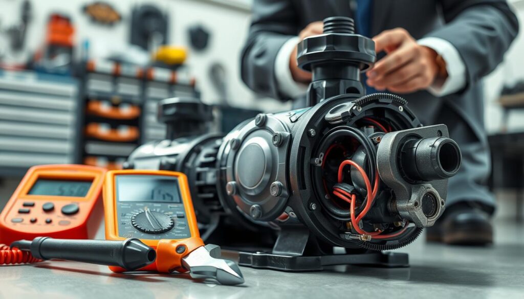 A close-up image of an Eartheco pool pump disassembled, showcasing intricate electrical components and motor diagnostics tools. In the foreground, display a multimeter and wrench, with circuit boards partially visible. The middle section should highlight the motor, its wires exposed, reflecting a detailed technical environment, emphasizing a focus on repair and maintenance. The background should be softly blurred, featuring a clean workshop with toolboxes and a technician in professional attire, examining the pump. The lighting is bright and focused, highlighting the pump’s details, creating a mood of diligence and precision in technical repairs. The angle captures the essence of a hands-on repair scene, emphasizing expertise and professionalism. A close-up image of an Eartheco pool pump disassembled, showcasing intricate electrical components and motor diagnostics tools. In the foreground, display a multimeter and wrench, with circuit boards partially visible. The middle section should highlight the motor, its wires exposed, reflecting a detailed technical environment, emphasizing a focus on repair and maintenance. The background should be softly blurred, featuring a clean workshop with toolboxes and a technician in professional attire, examining the pump. The lighting is bright and focused, highlighting the pump’s details, creating a mood of diligence and precision in technical repairs. The angle captures the essence of a hands-on repair scene, emphasizing expertise and professionalism.
