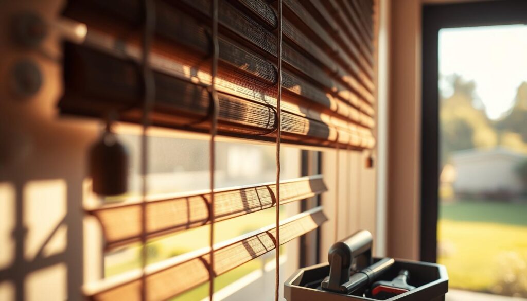 A close-up image of an intricately designed set of window blinds, showcasing the textures and materials, with sunlight streaming through, casting gentle shadows on a nearby wall. The blinds are partially open, revealing a soft, blurred view of a green garden outside, suggesting a tranquil home environment in Pretoria or Centurion. In the foreground, there may be a small toolbox with repair tools, subtly hinting at maintenance and repair services. The lighting is warm and inviting, creating a sense of calm and professionalism. The angle is slightly elevated, emphasizing the details of the blinds while capturing the ambiance of a home in need of quick repairs. A close-up image of an intricately designed set of window blinds, showcasing the textures and materials, with sunlight streaming through, casting gentle shadows on a nearby wall. The blinds are partially open, revealing a soft, blurred view of a green garden outside, suggesting a tranquil home environment in Pretoria or Centurion. In the foreground, there may be a small toolbox with repair tools, subtly hinting at maintenance and repair services. The lighting is warm and inviting, creating a sense of calm and professionalism. The angle is slightly elevated, emphasizing the details of the blinds while capturing the ambiance of a home in need of quick repairs.