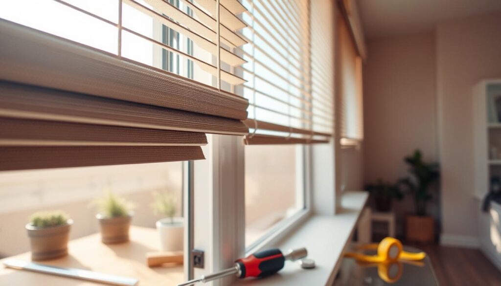A close-up of a set of window blinds in a modern home environment, showcasing intricate details such as the texture of the slats and the mechanisms for opening and closing. In the foreground, a partially opened blind allows soft, natural light to filter through, creating subtle shadows on a nearby wall. The middle ground features a well-arranged workspace with tools like a screwdriver and measuring tape, emphasizing maintenance and repair. The background includes a glimpse of a tidy room with neutral-colored walls and potted plants, enhancing a calm atmosphere. The lighting is warm and inviting, indicative of a sunlit afternoon. The angle captures the blinds from slightly below eye level, providing an engaging perspective that invites the viewer into the scene. A close-up of a set of window blinds in a modern home environment, showcasing intricate details such as the texture of the slats and the mechanisms for opening and closing. In the foreground, a partially opened blind allows soft, natural light to filter through, creating subtle shadows on a nearby wall. The middle ground features a well-arranged workspace with tools like a screwdriver and measuring tape, emphasizing maintenance and repair. The background includes a glimpse of a tidy room with neutral-colored walls and potted plants, enhancing a calm atmosphere. The lighting is warm and inviting, indicative of a sunlit afternoon. The angle captures the blinds from slightly below eye level, providing an engaging perspective that invites the viewer into the scene.