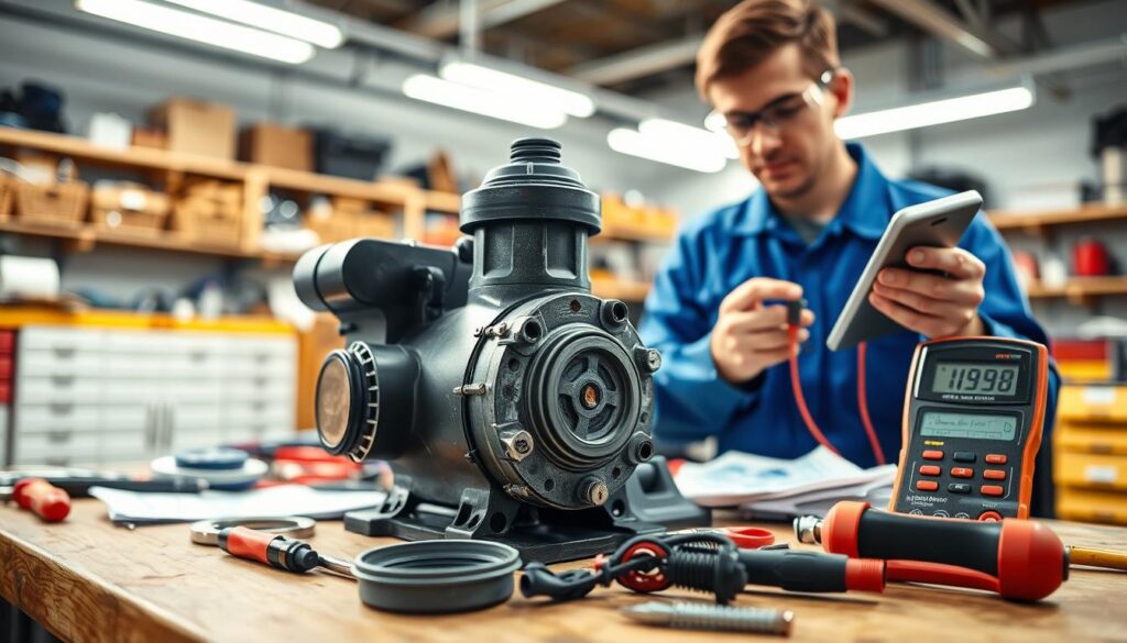 A close-up view of a Zodiac pool pump on a workbench, showcasing various tools and gear used for diagnosis and repair. In the foreground, a professional technician wearing a blue work shirt and safety goggles examines the pump, holding a multimeter. The middle layer features the Zodiac pump with visible wear and seals, surrounded by scattered tools like wrenches, screwdrivers, and a manual. In the background, there’s a blurred view of an organized workshop with shelves containing parts and equipment, well-lit with overhead fluorescent lights to create a bright, focused atmosphere. The mood reflects professionalism and expertise in pool pump service and repair. A close-up view of a Zodiac pool pump on a workbench, showcasing various tools and gear used for diagnosis and repair. In the foreground, a professional technician wearing a blue work shirt and safety goggles examines the pump, holding a multimeter. The middle layer features the Zodiac pump with visible wear and seals, surrounded by scattered tools like wrenches, screwdrivers, and a manual. In the background, there’s a blurred view of an organized workshop with shelves containing parts and equipment, well-lit with overhead fluorescent lights to create a bright, focused atmosphere. The mood reflects professionalism and expertise in pool pump service and repair.
