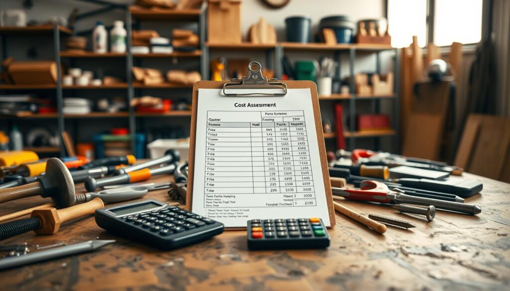 A close-up view of a meticulous handyman's workspace that conveys the theme of cost assessment. In the foreground, a detailed workbench is covered with various tools like hammers, screwdrivers, and a calculator, indicating the estimation process. The middle ground features a clipboard with a detailed quote sheet prominently displayed, showcasing figures in a clear and organized manner. In the background, shelves filled with home repair materials and some finished projects indicate diverse handyman services. The lighting is soft and natural, suggesting an indoor workshop environment, with a warm atmosphere that evokes professionalism and reliability. The scene captures the essence of calculating costs and quotes for maintenance tasks, highlighting diligence and expertise in the handyman profession. A close-up view of a meticulous handyman's workspace that conveys the theme of cost assessment. In the foreground, a detailed workbench is covered with various tools like hammers, screwdrivers, and a calculator, indicating the estimation process. The middle ground features a clipboard with a detailed quote sheet prominently displayed, showcasing figures in a clear and organized manner. In the background, shelves filled with home repair materials and some finished projects indicate diverse handyman services. The lighting is soft and natural, suggesting an indoor workshop environment, with a warm atmosphere that evokes professionalism and reliability. The scene captures the essence of calculating costs and quotes for maintenance tasks, highlighting diligence and expertise in the handyman profession.