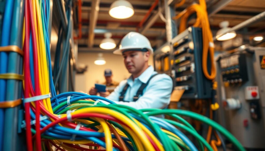 A close-up view of a neatly organized electric wiring installation in a commercial environment. The foreground features colorful electrical wires—red, blue, yellow, and green—clearly marked and bundled together with cable ties for easy identification. In the middle ground, a professional electrician, dressed in a clean uniform with safety gear, is carefully connecting wires to a distribution panel. The background shows an industrial space with soft overhead lights illuminating safety signs and equipment. The image conveys a sense of order and professionalism, focusing on the meticulous nature of electrical wiring work, with a warm, inviting atmosphere that emphasizes safety and reliability in commercial repair services. A close-up view of a neatly organized electric wiring installation in a commercial environment. The foreground features colorful electrical wires—red, blue, yellow, and green—clearly marked and bundled together with cable ties for easy identification. In the middle ground, a professional electrician, dressed in a clean uniform with safety gear, is carefully connecting wires to a distribution panel. The background shows an industrial space with soft overhead lights illuminating safety signs and equipment. The image conveys a sense of order and professionalism, focusing on the meticulous nature of electrical wiring work, with a warm, inviting atmosphere that emphasizes safety and reliability in commercial repair services.