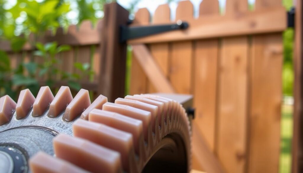 A close-up view of a nylon gear rack, showcasing its intricate teeth and durable texture. The foreground focuses on the gear mechanism, highlighting the smooth contours and resilience of the nylon material, glistening under a soft, natural light. In the middle ground, include a partially visible metal rail system to emphasize its connection and functionality with the gear rack, illustrating the engineering behind gate mechanisms. The background is subtly blurred, featuring a wooden gate slightly ajar, suggesting wear from daily use. The image is taken at a slight angle, evoking a sense of depth and realism, with ambient lighting to create a professional and informative atmosphere, perfect for illustrating the importance of gate rack and rail maintenance. A close-up view of a nylon gear rack, showcasing its intricate teeth and durable texture. The foreground focuses on the gear mechanism, highlighting the smooth contours and resilience of the nylon material, glistening under a soft, natural light. In the middle ground, include a partially visible metal rail system to emphasize its connection and functionality with the gear rack, illustrating the engineering behind gate mechanisms. The background is subtly blurred, featuring a wooden gate slightly ajar, suggesting wear from daily use. The image is taken at a slight angle, evoking a sense of depth and realism, with ambient lighting to create a professional and informative atmosphere, perfect for illustrating the importance of gate rack and rail maintenance.
