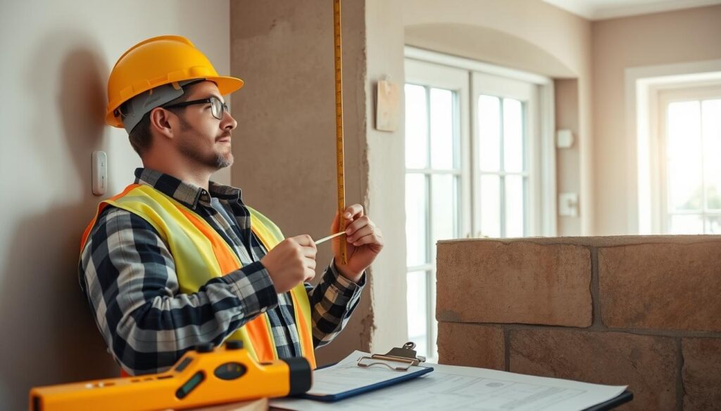 A close-up view of a professional contractor examining a wall structure for feasibility before the installation of a bay or bow window. The contractor, dressed in a hard hat, safety glasses, and a professional work shirt, is holding a measuring tape against the wall, while inspecting the structural integrity. In the foreground, tools like a level, a clipboard, and blueprints are visible, emphasizing the meticulous assessment process. The middle ground features a portion of the wall being checked, showing texture and construction materials, while the background reveals an indoor setting with soft, natural lighting filtering through a window. The atmosphere is focused and professional, highlighting the importance of structural checks in home improvement projects. A close-up view of a professional contractor examining a wall structure for feasibility before the installation of a bay or bow window. The contractor, dressed in a hard hat, safety glasses, and a professional work shirt, is holding a measuring tape against the wall, while inspecting the structural integrity. In the foreground, tools like a level, a clipboard, and blueprints are visible, emphasizing the meticulous assessment process. The middle ground features a portion of the wall being checked, showing texture and construction materials, while the background reveals an indoor setting with soft, natural lighting filtering through a window. The atmosphere is focused and professional, highlighting the importance of structural checks in home improvement projects.