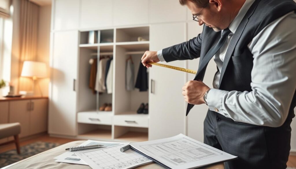 A close-up view of a professional interior designer measuring a space for a custom built-in wardrobe installation. The designer, dressed in smart casual clothing, is holding a tape measure and carefully measuring the height and width of a wall in a modern bedroom. Surrounding the designer, various design templates and a notepad with notes and calculations are visible, creating an organized workspace. The lighting is bright and natural, coming from a window to the left, casting soft shadows and enhancing the clarity of the measurements. In the background, there are hints of furniture and decor that suggest a stylish, contemporary setting, all contributing to a focused and professional atmosphere. A close-up view of a professional interior designer measuring a space for a custom built-in wardrobe installation. The designer, dressed in smart casual clothing, is holding a tape measure and carefully measuring the height and width of a wall in a modern bedroom. Surrounding the designer, various design templates and a notepad with notes and calculations are visible, creating an organized workspace. The lighting is bright and natural, coming from a window to the left, casting soft shadows and enhancing the clarity of the measurements. In the background, there are hints of furniture and decor that suggest a stylish, contemporary setting, all contributing to a focused and professional atmosphere.