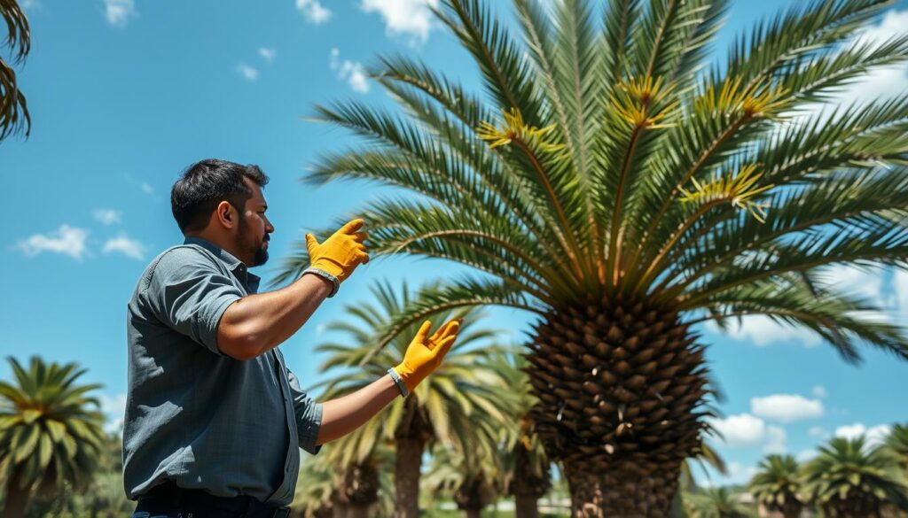 A close-up view of a professional landscape technician inspecting a majestic palm tree in a lush Pretoria garden. In the foreground, the technician, dressed in smart casual attire with safety gloves, examines the tree fronds for health and signs of disease. In the middle ground, a variety of palm trees are visible, some with vibrant green leaves while others show signs of needing trimming. The background features a clear, blue sky with a few fluffy clouds, creating a serene atmosphere. The sunlight casts soft shadows, highlighting the textures of the palm bark and leaves. The angle is slightly tilted to emphasize the height of the trees, conveying a sense of care and attention to detail in palm tree maintenance. A close-up view of a professional landscape technician inspecting a majestic palm tree in a lush Pretoria garden. In the foreground, the technician, dressed in smart casual attire with safety gloves, examines the tree fronds for health and signs of disease. In the middle ground, a variety of palm trees are visible, some with vibrant green leaves while others show signs of needing trimming. The background features a clear, blue sky with a few fluffy clouds, creating a serene atmosphere. The sunlight casts soft shadows, highlighting the textures of the palm bark and leaves. The angle is slightly tilted to emphasize the height of the trees, conveying a sense of care and attention to detail in palm tree maintenance.