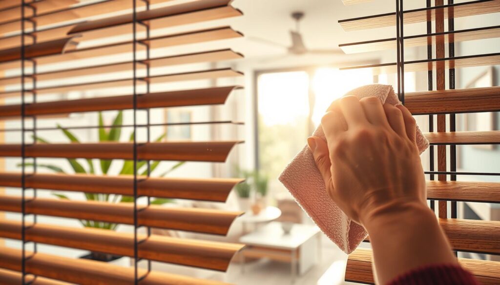 A close-up view of a set of elegant wooden blinds in a well-lit room, showcasing the intricate slats and natural patterns of the wood. The foreground features a hand gently cleaning the blinds with a microfiber cloth, reflecting a sense of care and maintenance. In the middle, a sunny window casts soft, warm light that highlights dust particles suspended in the air, creating a serene and inviting atmosphere. The background includes a blurred view of a modern, comfortable living space adorned with potted plants and tasteful decor. The image conveys a mood of tranquility and professionalism, emphasizing cleanliness and the importance of regular maintenance for extending the life of blinds. A close-up view of a set of elegant wooden blinds in a well-lit room, showcasing the intricate slats and natural patterns of the wood. The foreground features a hand gently cleaning the blinds with a microfiber cloth, reflecting a sense of care and maintenance. In the middle, a sunny window casts soft, warm light that highlights dust particles suspended in the air, creating a serene and inviting atmosphere. The background includes a blurred view of a modern, comfortable living space adorned with potted plants and tasteful decor. The image conveys a mood of tranquility and professionalism, emphasizing cleanliness and the importance of regular maintenance for extending the life of blinds.