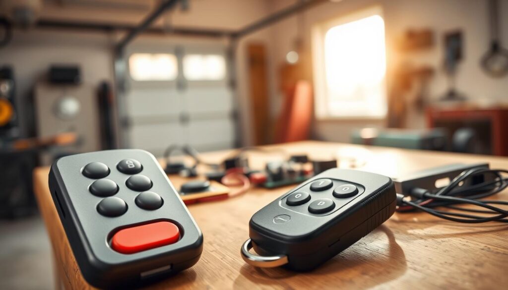 A close-up view of a sleek and modern replacement garage door remote, prominently displayed in the foreground. The remote features a smooth, black case with clearly defined buttons in an ergonomic layout, highlighting a red button for easy access. In the middle ground, a well-organized workspace is visible, with various garage door receiver components neatly arranged, including circuit boards and wires, set on a wooden workbench. The background shows a softly blurred garage setting illuminated by warm, natural light filtering in through a window, creating an inviting and professional atmosphere. The overall mood is practical and focused, emphasizing the importance of reliability and functionality in garage door remotes and receivers. A close-up view of a sleek and modern replacement garage door remote, prominently displayed in the foreground. The remote features a smooth, black case with clearly defined buttons in an ergonomic layout, highlighting a red button for easy access. In the middle ground, a well-organized workspace is visible, with various garage door receiver components neatly arranged, including circuit boards and wires, set on a wooden workbench. The background shows a softly blurred garage setting illuminated by warm, natural light filtering in through a window, creating an inviting and professional atmosphere. The overall mood is practical and focused, emphasizing the importance of reliability and functionality in garage door remotes and receivers.