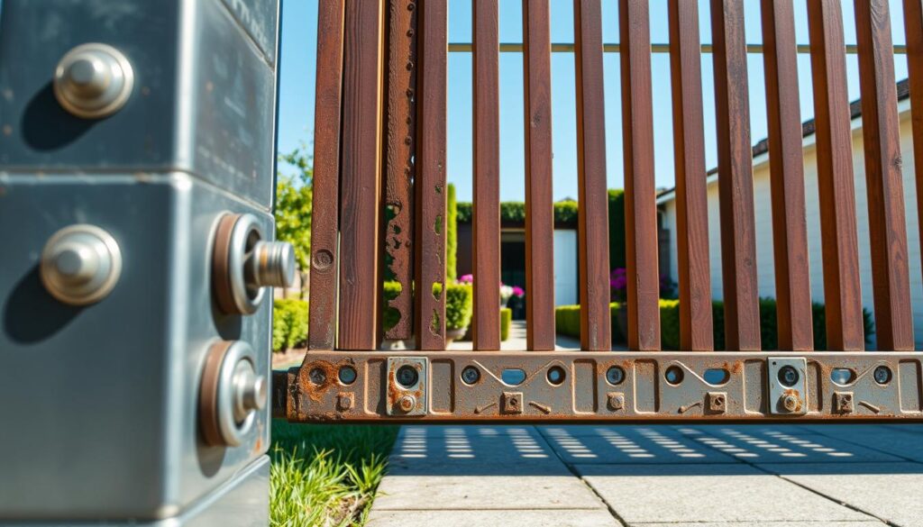 A close-up view of a sliding gate in a well-maintained residential setting, showcasing its metal frame and wooden slats. The foreground highlights the gate wheels and rail system, emphasizing signs of wear, like rust or dirt. In the middle ground, a partially opened sliding gate reveals an inviting garden with carefully manicured hedges and flowering plants, suggesting a peaceful atmosphere. The background features a clear blue sky, enhancing the overall brightness of the scene. Soft, natural sunlight casts gentle shadows, creating a serene yet alert mood. The image should evoke a sense of timeliness, indicating the importance of maintenance for the sliding gate. No people are present, ensuring focus remains on the gate's condition. A close-up view of a sliding gate in a well-maintained residential setting, showcasing its metal frame and wooden slats. The foreground highlights the gate wheels and rail system, emphasizing signs of wear, like rust or dirt. In the middle ground, a partially opened sliding gate reveals an inviting garden with carefully manicured hedges and flowering plants, suggesting a peaceful atmosphere. The background features a clear blue sky, enhancing the overall brightness of the scene. Soft, natural sunlight casts gentle shadows, creating a serene yet alert mood. The image should evoke a sense of timeliness, indicating the importance of maintenance for the sliding gate. No people are present, ensuring focus remains on the gate's condition.