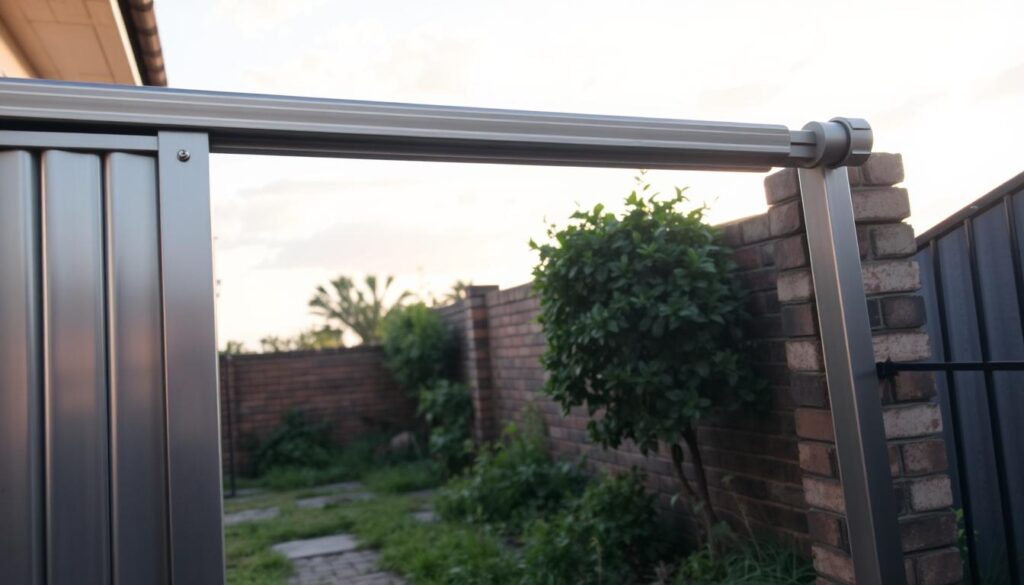A close-up view of a sliding gate installed in a residential setting in Pretoria, showing its metal frame and rail system. The foreground features a shiny, well-maintained sliding gate, partially open to reveal a clear view of the roller wheels and track, highlighting their condition. In the middle ground, a small, overgrown garden and a brick wall provide context, suggesting neglect around the gate. The background displays a sunny Pretoria sky with soft clouds, adding a warm atmosphere. The lighting captures the late afternoon sun, casting gentle shadows and enhancing the textures of the gate and surroundings. The overall mood conveys a sense of need for upkeep and repair, emphasizing the importance of maintenance for smooth gate operation. A close-up view of a sliding gate installed in a residential setting in Pretoria, showing its metal frame and rail system. The foreground features a shiny, well-maintained sliding gate, partially open to reveal a clear view of the roller wheels and track, highlighting their condition. In the middle ground, a small, overgrown garden and a brick wall provide context, suggesting neglect around the gate. The background displays a sunny Pretoria sky with soft clouds, adding a warm atmosphere. The lighting captures the late afternoon sun, casting gentle shadows and enhancing the textures of the gate and surroundings. The overall mood conveys a sense of need for upkeep and repair, emphasizing the importance of maintenance for smooth gate operation.