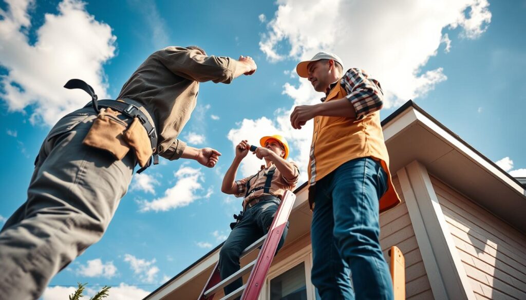 A close-up view of a team of professional handymen in modest work attire, actively engaged in urgent roof repairs on a suburban home. In the foreground, a handyman with a tool belt is climbing a ladder, carefully inspecting the roof's damaged shingles. In the middle, another handyman is handing him tools, showcasing a sense of teamwork and efficiency. The background features a clear blue sky, highlighting that it’s a bright day, with scattered clouds adding depth to the scene. Soft sunlight casts slight shadows, creating a welcoming atmosphere while capturing a fast-paced, action-oriented mood. The image is composed with a slight upward angle to emphasize the height of the roof and the urgency of the work being performed. A close-up view of a team of professional handymen in modest work attire, actively engaged in urgent roof repairs on a suburban home. In the foreground, a handyman with a tool belt is climbing a ladder, carefully inspecting the roof's damaged shingles. In the middle, another handyman is handing him tools, showcasing a sense of teamwork and efficiency. The background features a clear blue sky, highlighting that it’s a bright day, with scattered clouds adding depth to the scene. Soft sunlight casts slight shadows, creating a welcoming atmosphere while capturing a fast-paced, action-oriented mood. The image is composed with a slight upward angle to emphasize the height of the roof and the urgency of the work being performed.