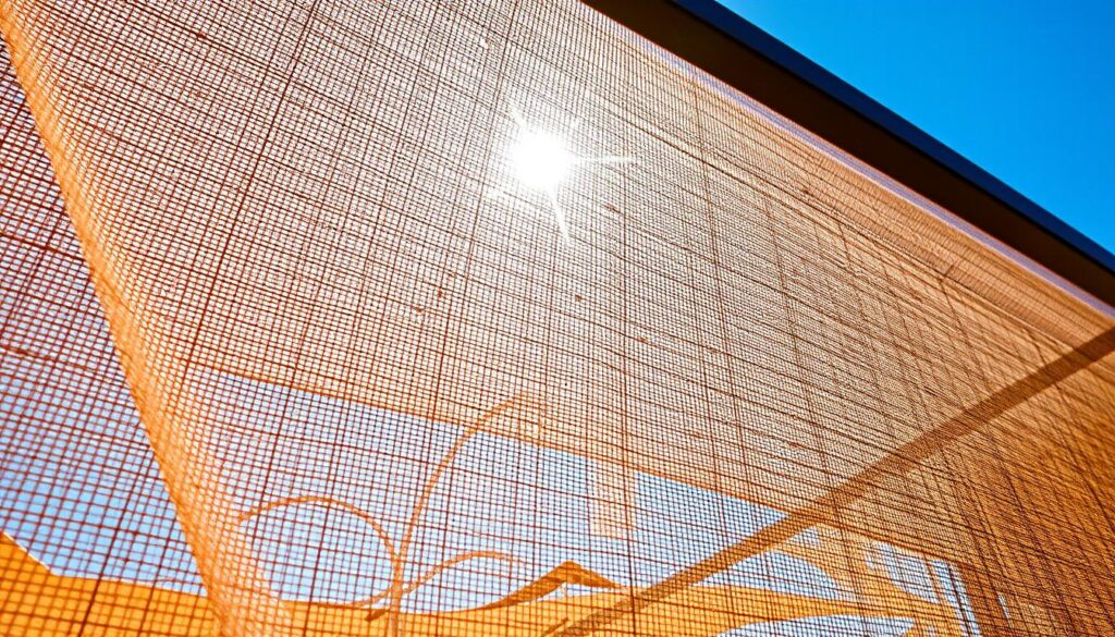 A close-up view of a textured shade cloth, showcasing its woven design and varying opacity, under the intense sunlight characteristic of Pretoria. The foreground features a snippet of the shade cloth draped over a sturdy frame, casting intricate shadows on the ground below. In the middle ground, a sunlit carport is partially visible, demonstrating the shade cloth’s protective qualities against harsh sun rays. The background displays a clear blue sky, enhancing the brightness and contrast of the scene. The image should be sharp, with natural lighting highlighting the details of the fabric. The atmosphere conveys the practical and durable essence of shade netting in a local setting, emphasizing its function in sun protection. A close-up view of a textured shade cloth, showcasing its woven design and varying opacity, under the intense sunlight characteristic of Pretoria. The foreground features a snippet of the shade cloth draped over a sturdy frame, casting intricate shadows on the ground below. In the middle ground, a sunlit carport is partially visible, demonstrating the shade cloth’s protective qualities against harsh sun rays. The background displays a clear blue sky, enhancing the brightness and contrast of the scene. The image should be sharp, with natural lighting highlighting the details of the fabric. The atmosphere conveys the practical and durable essence of shade netting in a local setting, emphasizing its function in sun protection.