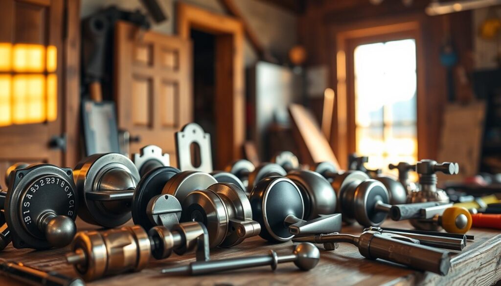 A close-up view of an array of modern door locks and handles displayed on a wooden workbench, showcasing a variety of styles including traditional, contemporary, and high-security designs. In the foreground, focus on intricate lock mechanisms with polished finishes and decorative handles, bathed in warm, natural lighting that highlights their craftsmanship. The middle ground features tools like screwdrivers and measuring tapes, hinting at a handyman's workspace. In the background, slightly blurred, there are wooden door frames and hints of a cozy Montana home environment with soft, golden hour light streaming through a nearby window. The overall mood conveys professionalism and expertise in home improvement, suitable for a handyman theme. A close-up view of an array of modern door locks and handles displayed on a wooden workbench, showcasing a variety of styles including traditional, contemporary, and high-security designs. In the foreground, focus on intricate lock mechanisms with polished finishes and decorative handles, bathed in warm, natural lighting that highlights their craftsmanship. The middle ground features tools like screwdrivers and measuring tapes, hinting at a handyman's workspace. In the background, slightly blurred, there are wooden door frames and hints of a cozy Montana home environment with soft, golden hour light streaming through a nearby window. The overall mood conveys professionalism and expertise in home improvement, suitable for a handyman theme.