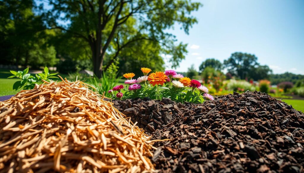 A close-up view of different types of garden mulch options displayed in a well-lit, outdoor setting. In the foreground, various mulch materials such as wood chips, bark, straw, and rubber mulch are arranged in small piles, showcasing their textures and colors. The middle layer features a selection of vibrant, healthy plants and flowers surrounding the mulch piles, emphasizing the benefits of mulching for gardening. In the background, a lush garden landscape with trees and a clear blue sky creates a serene atmosphere. Natural sunlight bathes the scene, casting soft shadows that enhance the textures of the mulch. The overall mood is inviting and tranquil, illustrating the practical beauty of garden mulch supply. A close-up view of different types of garden mulch options displayed in a well-lit, outdoor setting. In the foreground, various mulch materials such as wood chips, bark, straw, and rubber mulch are arranged in small piles, showcasing their textures and colors. The middle layer features a selection of vibrant, healthy plants and flowers surrounding the mulch piles, emphasizing the benefits of mulching for gardening. In the background, a lush garden landscape with trees and a clear blue sky creates a serene atmosphere. Natural sunlight bathes the scene, casting soft shadows that enhance the textures of the mulch. The overall mood is inviting and tranquil, illustrating the practical beauty of garden mulch supply.