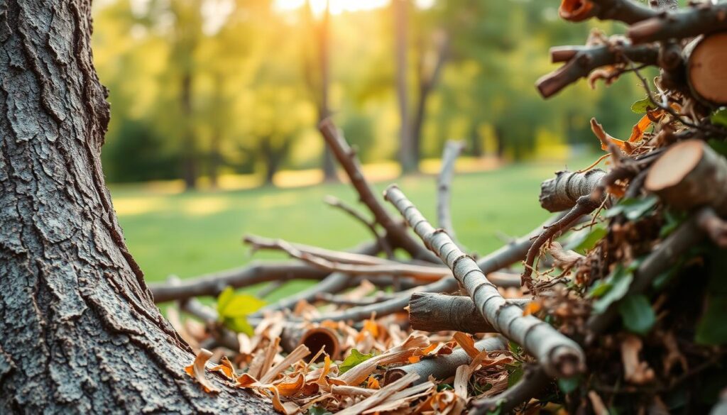 A close-up view of freshly cut tree branches and offcuts, showcasing their unique textures and colors. In the foreground, detailed bark patterns and green leaves are visible, with chipped wood splinters scattered around, indicating recent shredding activity. The middle ground features a range of branch sizes, from small twigs to larger limbs, arranged naturally as if in a pile ready for processing. In the background, a blurred focus on a vibrant green landscape accentuates the natural environment. Soft, warm sunlight filters through the trees, creating a gentle, tranquil atmosphere. The image captures the essence of nature, highlighting the organic shapes and materials essential for sustainable wood chipping services. A close-up view of freshly cut tree branches and offcuts, showcasing their unique textures and colors. In the foreground, detailed bark patterns and green leaves are visible, with chipped wood splinters scattered around, indicating recent shredding activity. The middle ground features a range of branch sizes, from small twigs to larger limbs, arranged naturally as if in a pile ready for processing. In the background, a blurred focus on a vibrant green landscape accentuates the natural environment. Soft, warm sunlight filters through the trees, creating a gentle, tranquil atmosphere. The image captures the essence of nature, highlighting the organic shapes and materials essential for sustainable wood chipping services.