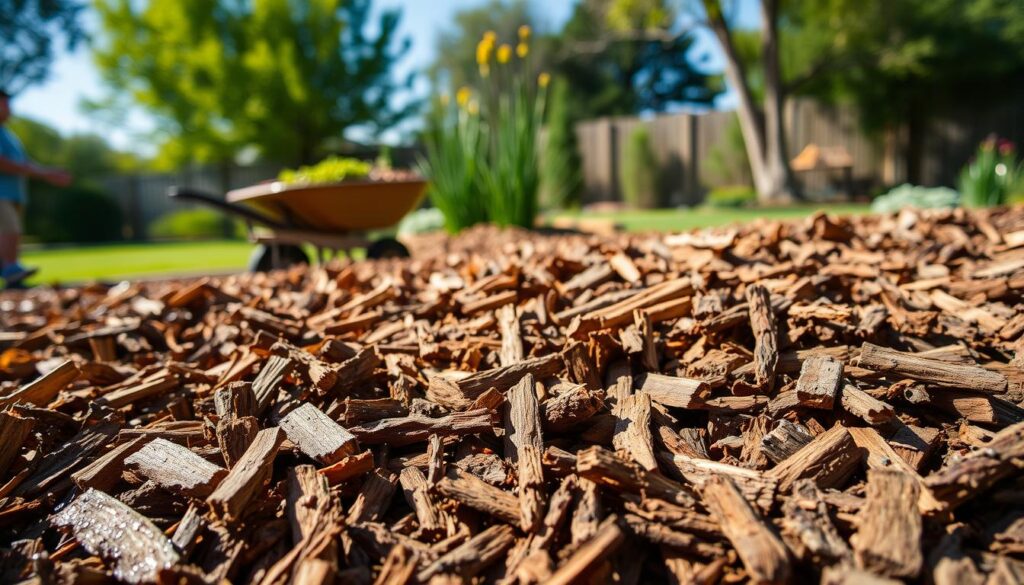 A close-up view of freshly shredded wood chips mulch, showcasing a rich, earthy mix of different wood textures and colors. In the foreground, the detailed wood chips are scattered irregularly, highlighting their fibrous edges and varying sizes, with some dampened by recent rainfall. In the middle ground, a small wheelbarrow filled with more mulch sits surrounded by fresh green plants, emphasizing the organic use of this material in landscaping. The background features a sunlit garden setting, with a soft focus on neighboring trees and a clear blue sky, creating a warm and inviting atmosphere. The image is bathed in natural light, enhancing the rich browns and greens, captured from a slightly elevated angle to give depth and context to the scene. A close-up view of freshly shredded wood chips mulch, showcasing a rich, earthy mix of different wood textures and colors. In the foreground, the detailed wood chips are scattered irregularly, highlighting their fibrous edges and varying sizes, with some dampened by recent rainfall. In the middle ground, a small wheelbarrow filled with more mulch sits surrounded by fresh green plants, emphasizing the organic use of this material in landscaping. The background features a sunlit garden setting, with a soft focus on neighboring trees and a clear blue sky, creating a warm and inviting atmosphere. The image is bathed in natural light, enhancing the rich browns and greens, captured from a slightly elevated angle to give depth and context to the scene.