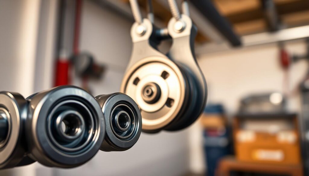 A close-up view of garage door rollers and pulleys, prominently displayed in the foreground. The rollers should be well-detailed, showcasing their metallic finish and ball bearings glistening under soft, diffused lighting. In the middle ground, a pair of sturdy pulleys should be visible, with intricate details emphasizing their functionality. The background could feature a blurred garage environment, hinting at a typical workshop setting in Pretoria. Use a shallow depth of field to create a soft bokeh effect in the background, enhancing focus on the rollers and pulleys. The mood should be professional and technical, reflecting a sense of reliability and expertise in garage door repair services. The angle should be slightly tilted downwards to emphasize the components and suggest a hands-on approach. A close-up view of garage door rollers and pulleys, prominently displayed in the foreground. The rollers should be well-detailed, showcasing their metallic finish and ball bearings glistening under soft, diffused lighting. In the middle ground, a pair of sturdy pulleys should be visible, with intricate details emphasizing their functionality. The background could feature a blurred garage environment, hinting at a typical workshop setting in Pretoria. Use a shallow depth of field to create a soft bokeh effect in the background, enhancing focus on the rollers and pulleys. The mood should be professional and technical, reflecting a sense of reliability and expertise in garage door repair services. The angle should be slightly tilted downwards to emphasize the components and suggest a hands-on approach.