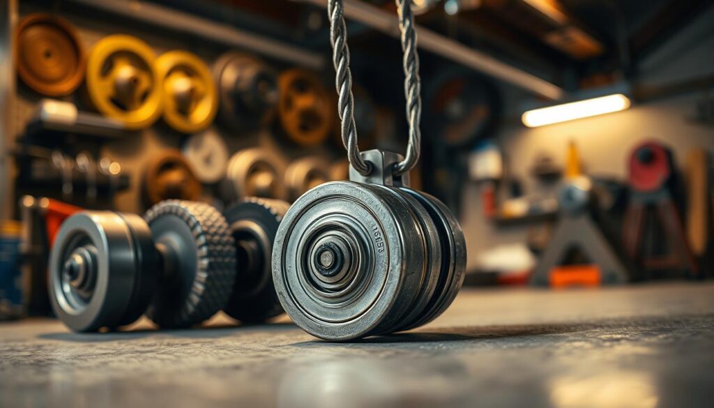 A close-up view of garage door rollers and wheels, showcasing their intricate details, such as the bearings, metal construction, and the smooth surface of the wheels reflecting light. In the foreground, focus on a pair of rollers attached to a garage door track, with one roller slightly out of focus to convey depth. The middle ground features an array of pulleys, each with a distinct texture, emphasizing the mechanics involved in garage door operation. The background displays a dimly lit garage setting, highlighting tools and equipment relevant to garage door repair, casting a warm, inviting glow. The atmosphere is professional and technical, with soft lighting that brings out the metal sheen of the rollers while ensuring clarity in the details. A close-up view of garage door rollers and wheels, showcasing their intricate details, such as the bearings, metal construction, and the smooth surface of the wheels reflecting light. In the foreground, focus on a pair of rollers attached to a garage door track, with one roller slightly out of focus to convey depth. The middle ground features an array of pulleys, each with a distinct texture, emphasizing the mechanics involved in garage door operation. The background displays a dimly lit garage setting, highlighting tools and equipment relevant to garage door repair, casting a warm, inviting glow. The atmosphere is professional and technical, with soft lighting that brings out the metal sheen of the rollers while ensuring clarity in the details.