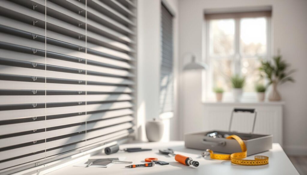 A close-up view of modern window blinds in a well-lit room, showcasing various types of blinds such as Venetian and roller styles. The foreground features a set of meticulously aligned blinds, with light filtering through, casting intricate shadows on a clean, light-colored wall. In the middle ground, an organized toolbox with essential blind repair tools—like a screwdriver, pliers, and measuring tape—sits on a neat workspace, emphasizing preparation and professionalism. The background displays a softly blurred window, framed by natural decor elements like potted plants. The overall atmosphere is clean, bright, and focused, exuding a sense of safety and readiness, suitable for home repair tasks. Soft natural lighting enhances the mood, highlighting the functionality and aesthetic of the blinds. A close-up view of modern window blinds in a well-lit room, showcasing various types of blinds such as Venetian and roller styles. The foreground features a set of meticulously aligned blinds, with light filtering through, casting intricate shadows on a clean, light-colored wall. In the middle ground, an organized toolbox with essential blind repair tools—like a screwdriver, pliers, and measuring tape—sits on a neat workspace, emphasizing preparation and professionalism. The background displays a softly blurred window, framed by natural decor elements like potted plants. The overall atmosphere is clean, bright, and focused, exuding a sense of safety and readiness, suitable for home repair tasks. Soft natural lighting enhances the mood, highlighting the functionality and aesthetic of the blinds.