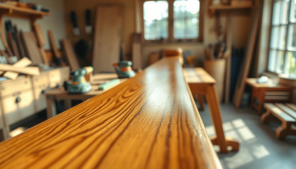 A close-up view of polished wood showcasing intricate grain patterns and textures. In the foreground, a smooth wooden banister, freshly sanded, reflects the light, displaying a rich, warm hue. The middle ground features woodworking tools like sanders and varnish brushes neatly arranged on a workbench, hinting at the preparation process. In the background, soft, natural lighting filters through an open window, illuminating the scene and creating a serene, professional atmosphere. The image captures the essence of craftsmanship, emphasizing quality and attention to detail, with a focus on the aesthetic beauty of the wood, encouraging a sense of warmth and durability. No distractions or text elements are present. A close-up view of polished wood showcasing intricate grain patterns and textures. In the foreground, a smooth wooden banister, freshly sanded, reflects the light, displaying a rich, warm hue. The middle ground features woodworking tools like sanders and varnish brushes neatly arranged on a workbench, hinting at the preparation process. In the background, soft, natural lighting filters through an open window, illuminating the scene and creating a serene, professional atmosphere. The image captures the essence of craftsmanship, emphasizing quality and attention to detail, with a focus on the aesthetic beauty of the wood, encouraging a sense of warmth and durability. No distractions or text elements are present.