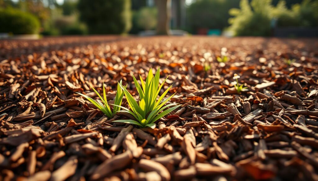 A close-up view of rich, dark bark mulch spread evenly across a garden bed, showcasing the varied textures of the wood chips in beautiful shades of brown and tan. In the foreground, include a few vibrant green plants peeking through the mulch, indicating health and vitality. The middle ground features more extensive coverage of the mulch, demonstrating its use in landscaping, while small, delicate flowers add a pop of color. In the background, softly blurred garden elements such as trees and shrubs create a natural setting. The lighting is warm and inviting, simulating late afternoon sunlight that highlights the intricate details of the mulch. The mood is serene and earthy, ideal for showcasing the benefits of bark mulch in gardening. A close-up view of rich, dark bark mulch spread evenly across a garden bed, showcasing the varied textures of the wood chips in beautiful shades of brown and tan. In the foreground, include a few vibrant green plants peeking through the mulch, indicating health and vitality. The middle ground features more extensive coverage of the mulch, demonstrating its use in landscaping, while small, delicate flowers add a pop of color. In the background, softly blurred garden elements such as trees and shrubs create a natural setting. The lighting is warm and inviting, simulating late afternoon sunlight that highlights the intricate details of the mulch. The mood is serene and earthy, ideal for showcasing the benefits of bark mulch in gardening.