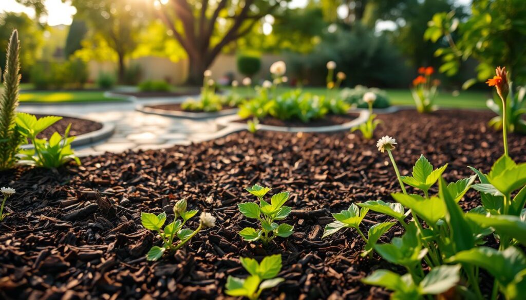 A close-up view of rich, dark-brown mulch spread evenly across a garden bed, highlighting its texture and organic material. In the foreground, a variety of vibrant green plants and flowers pop against the mulch, showcasing their healthy growth. The middle ground features a soft-focus view of a well-tended garden, with paths made of gravel and stones leading to a small vegetable patch. In the background, the warm glow of early morning sunlight filters through leafy trees, casting dappled shadows on the mulch. The atmosphere is serene and inviting, suggesting a thriving garden environment where plants are nurtured by quality mulch. The composition should emphasize texture and natural colors, capturing the essence of a healthy garden ecosystem. A close-up view of rich, dark-brown mulch spread evenly across a garden bed, highlighting its texture and organic material. In the foreground, a variety of vibrant green plants and flowers pop against the mulch, showcasing their healthy growth. The middle ground features a soft-focus view of a well-tended garden, with paths made of gravel and stones leading to a small vegetable patch. In the background, the warm glow of early morning sunlight filters through leafy trees, casting dappled shadows on the mulch. The atmosphere is serene and inviting, suggesting a thriving garden environment where plants are nurtured by quality mulch. The composition should emphasize texture and natural colors, capturing the essence of a healthy garden ecosystem.