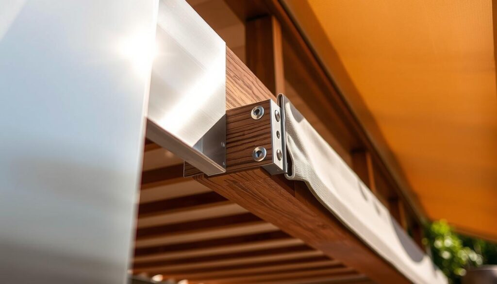 A close-up view of various high-quality materials used for carport side enclosures, showcasing a combination of sleek metal panels, durable timber frames, and weather-resistant fabric. In the foreground, a polished aluminum panel reflects sunlight, highlighting its strength and modern style. The middle layer features a well-crafted wooden beam with a rich grain texture displayed beside metallic connectors, emphasizing a blend of natural and industrial elements. In the background, a subtle hint of greenery adds a touch of nature, complementing the materials. The scene is bathed in warm, natural light, creating a serene and inviting atmosphere. The angle captures an eye-level perspective, allowing for a detailed look at the textures and finishes while evoking a sense of durability and aesthetic appeal. A close-up view of various high-quality materials used for carport side enclosures, showcasing a combination of sleek metal panels, durable timber frames, and weather-resistant fabric. In the foreground, a polished aluminum panel reflects sunlight, highlighting its strength and modern style. The middle layer features a well-crafted wooden beam with a rich grain texture displayed beside metallic connectors, emphasizing a blend of natural and industrial elements. In the background, a subtle hint of greenery adds a touch of nature, complementing the materials. The scene is bathed in warm, natural light, creating a serene and inviting atmosphere. The angle captures an eye-level perspective, allowing for a detailed look at the textures and finishes while evoking a sense of durability and aesthetic appeal.