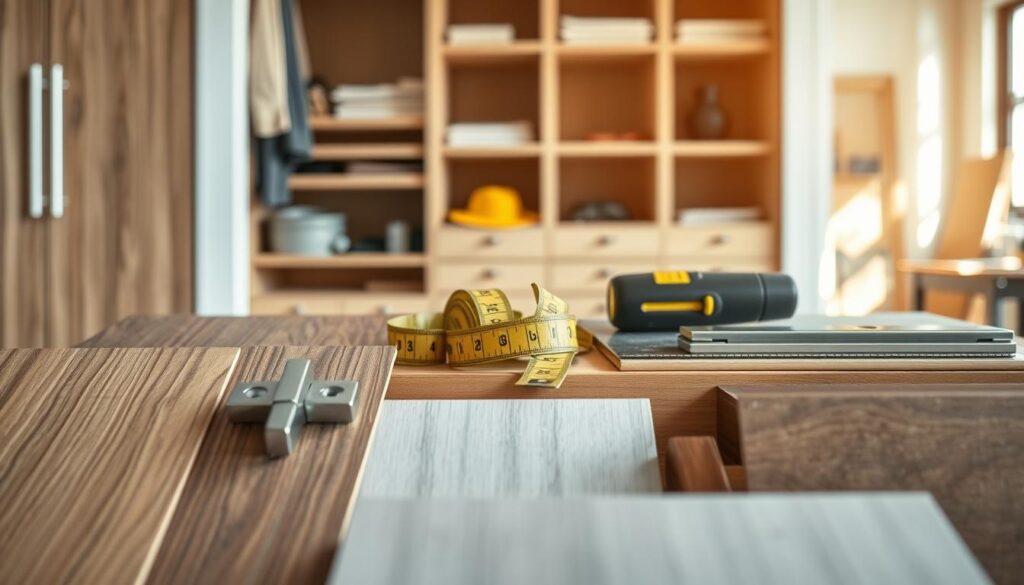 A close-up view of various materials for a built-in wardrobe installation, showcasing an array of textures and colors. In the foreground, display samples of sleek, modern wood finishes, such as oak and walnut, alongside laminated surface samples in contemporary hues. Include sturdy hardware like polished metal hinges, drawer slides, and elegant handles. The middle layer features tools like a measuring tape, a level, and a saw, indicating preparation and craftsmanship. The background presents a blurred view of a well-organized workshop, with natural light streaming through a window, creating a warm and inviting atmosphere. The overall mood reflects professionalism and attention to detail, emphasizing durability and design quality. A close-up view of various materials for a built-in wardrobe installation, showcasing an array of textures and colors. In the foreground, display samples of sleek, modern wood finishes, such as oak and walnut, alongside laminated surface samples in contemporary hues. Include sturdy hardware like polished metal hinges, drawer slides, and elegant handles. The middle layer features tools like a measuring tape, a level, and a saw, indicating preparation and craftsmanship. The background presents a blurred view of a well-organized workshop, with natural light streaming through a window, creating a warm and inviting atmosphere. The overall mood reflects professionalism and attention to detail, emphasizing durability and design quality.