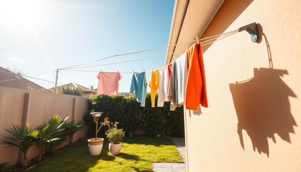 A compact, innovative washing line installed neatly against a sunlit garden wall, stylishly stretched with colorful clothes. In the foreground, the lines are adorned with freshly laundered items fluttering gently in a light breeze. The middle ground features a small yard with vibrant greenery and decorative potted plants, emphasizing the space-efficient design. In the background, soft blue skies hint at a warm Pretoria day, creating a serene atmosphere. The lighting is bright and warm, capturing the essence of outdoor laundry time. The angle of the image showcases the entire setup from a slightly elevated perspective, giving an idea of how the washing line integrates into the small yard aesthetically. A compact, innovative washing line installed neatly against a sunlit garden wall, stylishly stretched with colorful clothes. In the foreground, the lines are adorned with freshly laundered items fluttering gently in a light breeze. The middle ground features a small yard with vibrant greenery and decorative potted plants, emphasizing the space-efficient design. In the background, soft blue skies hint at a warm Pretoria day, creating a serene atmosphere. The lighting is bright and warm, capturing the essence of outdoor laundry time. The angle of the image showcases the entire setup from a slightly elevated perspective, giving an idea of how the washing line integrates into the small yard aesthetically.