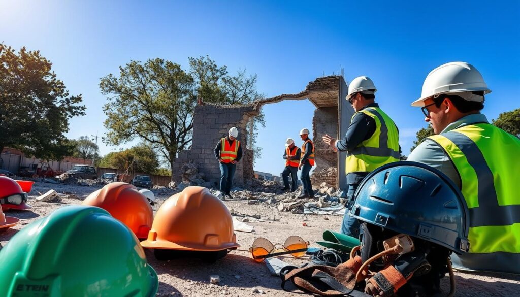 A construction site during a small-scale demolition, showcasing a professional demolition crew in hard hats and safety vests, diligently planning their work. In the foreground, safety equipment like helmets, goggles, and gloves are neatly arranged, emphasizing safety protocols. The middle ground features a partially demolished wall, with rubble and debris scattered, while crew members inspect the work area and discuss plans. In the background, a clear blue sky contrasts with the industrial setting, and nearby trees provide a touch of nature. The lighting is bright and vibrant, evoking a sense of urgency and focus. The overall mood is serious yet organized, highlighting the importance of safety and compliance in demolition work. A construction site during a small-scale demolition, showcasing a professional demolition crew in hard hats and safety vests, diligently planning their work. In the foreground, safety equipment like helmets, goggles, and gloves are neatly arranged, emphasizing safety protocols. The middle ground features a partially demolished wall, with rubble and debris scattered, while crew members inspect the work area and discuss plans. In the background, a clear blue sky contrasts with the industrial setting, and nearby trees provide a touch of nature. The lighting is bright and vibrant, evoking a sense of urgency and focus. The overall mood is serious yet organized, highlighting the importance of safety and compliance in demolition work.
