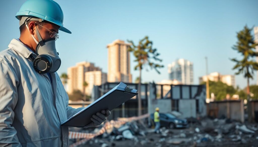 A construction site scene highlighting asbestos safety during small-scale demolition. In the foreground, a professional worker wearing a light blue safety helmet and a white protective suit is inspecting debris with a clipboard and a respirator. The middle ground showcases a half-demolished building, with visible asbestos warning signs and caution tape. In the background, a clear blue sky contrasts with tall trees and urban buildings of Pretoria, emphasizing the location. Soft, natural lighting illuminates the scene, and a shallow depth of field draws focus to the worker and their safety gear. The atmosphere feels serious but responsible, conveying the importance of compliance and safety in handling hazardous materials. A construction site scene highlighting asbestos safety during small-scale demolition. In the foreground, a professional worker wearing a light blue safety helmet and a white protective suit is inspecting debris with a clipboard and a respirator. The middle ground showcases a half-demolished building, with visible asbestos warning signs and caution tape. In the background, a clear blue sky contrasts with tall trees and urban buildings of Pretoria, emphasizing the location. Soft, natural lighting illuminates the scene, and a shallow depth of field draws focus to the worker and their safety gear. The atmosphere feels serious but responsible, conveying the importance of compliance and safety in handling hazardous materials.