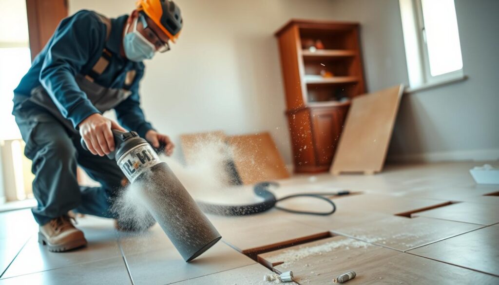 A construction worker in professional attire, wearing a protective mask and goggles, uses a vacuum attachment on a power tool to contain dust while removing floor tiles in a residential setting. In the foreground, a close-up of the vacuum attachment captures dust being efficiently sucked in. The middle ground features the worker actively engaged in the task, showcasing focused determination. The background includes partially removed tiles and a clean workspace, with scattered dust particles visible in the air, illuminated by soft, natural lighting from a nearby window. The atmosphere conveys a sense of safety and professionalism, emphasizing the importance of dust control in flooring removal. A construction worker in professional attire, wearing a protective mask and goggles, uses a vacuum attachment on a power tool to contain dust while removing floor tiles in a residential setting. In the foreground, a close-up of the vacuum attachment captures dust being efficiently sucked in. The middle ground features the worker actively engaged in the task, showcasing focused determination. The background includes partially removed tiles and a clean workspace, with scattered dust particles visible in the air, illuminated by soft, natural lighting from a nearby window. The atmosphere conveys a sense of safety and professionalism, emphasizing the importance of dust control in flooring removal.