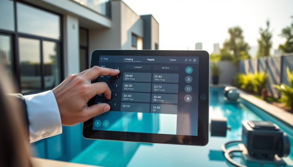 A contemporary home in Pretoria, with a focus on a sleek, automated pool control display on a digital tablet. In the foreground, a hand in professional attire interacts with the touch screen, showcasing a scheduling interface with times and energy-efficient settings for the pool pump. The middle ground features a stylish, modern outdoor pool and pump system, neatly integrated into a landscaped garden. The background reveals the serene Pretoria skyline under a bright, sunny sky, emphasizing energy efficiency. Soft, natural lighting casts gentle shadows, enhancing the atmosphere of efficiency and modernity. The focus is sharp, conveying a sense of professionalism and innovation in smart scheduling. A contemporary home in Pretoria, with a focus on a sleek, automated pool control display on a digital tablet. In the foreground, a hand in professional attire interacts with the touch screen, showcasing a scheduling interface with times and energy-efficient settings for the pool pump. The middle ground features a stylish, modern outdoor pool and pump system, neatly integrated into a landscaped garden. The background reveals the serene Pretoria skyline under a bright, sunny sky, emphasizing energy efficiency. Soft, natural lighting casts gentle shadows, enhancing the atmosphere of efficiency and modernity. The focus is sharp, conveying a sense of professionalism and innovation in smart scheduling.
